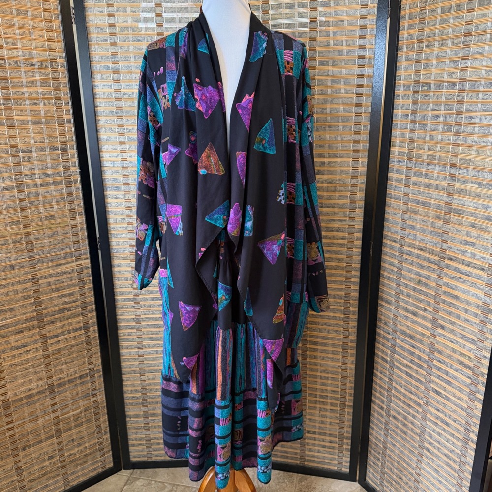 Adrian Jordan 2 Piece Skirt Set Womens XL Black Multi Lagenlook Vintage 80s